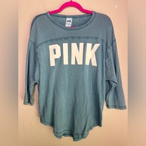 Victoria’s Secret PINK Denim Blue Boyfriend Slub Knit 3/4 Jersey Logo Top S